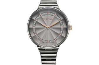 Titan Aura Quartz Analog Grey Dial Stainless Steel Strap Watch for Women-95245KM02