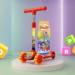 Kidsmate Chhota Bheem® Kick Scooter with Broad LED PVC Wheels | Non-Slip Wide Deck with Push Brake Kids Scooter for Age 3+ Yrs | 4-Level Height Adjustable | Max User Weight 50Kg – Red