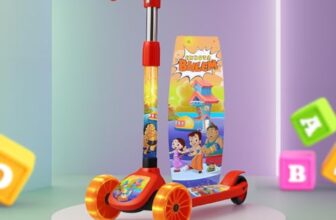 Kidsmate Chhota Bheem® Kick Scooter with Broad LED PVC Wheels | Non-Slip Wide Deck with Push Brake Kids Scooter for Age 3+ Yrs | 4-Level Height Adjustable | Max User Weight 50Kg – Red