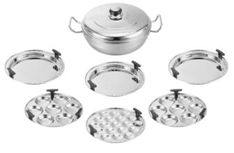 Amazon Basics Stainless Steel Deluxe Multi Kadai with 6 Plates | 2 Idli, 2 Dhokla, 1 Patra & 1 Mini Idli Plate | Dhokla & Momos Steamer | Induction & Gas Compatible | Mirror Finish