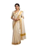 ALLUVY Kuthampully Kerala Kasavu Saree Cotton Plain 2 inch border and Zari | Kerala Saree – Off White KTM-645