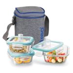 Treo by Milton All Fresh Square Glass Tiffin Containers With Insulated Jacket, 3 Containers, 320 ml Each, Grey | Microwave Safe | Ovensafe | Stackable | Leak Proof | Office | School | College | Picnic