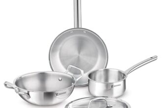 Bergner TriPro 4 Pcs Tri-Ply Stainless Steel Induction Bottom Cookware Set – 22cm (2L) Kadai and 22cm (1L) Frypan with Common Stainless Steel Lid, 14cm (1L) Teapan, Less Oil Use, Easy to Clean