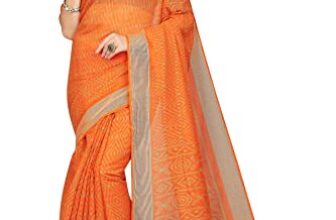 RANI SAAHIBA Women’s Cotton Blend Woven Border Printed Saree with Blouse Piece (SKR9062_Orange)