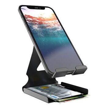 ELV Universal Mobile Phone Stand Tabletop Holder Mount with Inbuilt Cable Organiser and Card Holder – Black