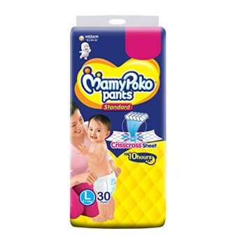 MamyPoko Pants Standard Diaper for Babies – Large size (Pack of 30),Clear