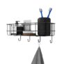 RAYMOX Stainless Steel Bathroom Shelf for Wall, Self Adhesive Bathroom Organiser, 4 Hooks for Towel Holder, Space-Saving Wall Mounted Bathroom Shelf with Elegant Design (Pack of 1, Black)