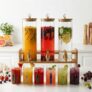 Red-Rubby 3 Tank Glass Beverage Dispenser Set with Wooden Stand | 2L Each Juice Dispenser with Tap & Lid + 6 Color Handle Glass Mugs (240ML) | Premium Drink Server for Lemonade, Parties & Home Use