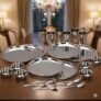 E – Ezra Stainless Steel Solid Heavy Mirror Finish Dinner Set of 24 Pcs (6 Plate, 6 Bowl/Wati, 6 Glass, 6 Spoon), Silver Dinning Set