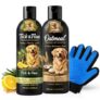 PetKartel Dog Grooming Combo Tick & Flea Shampoo 200ml + Oatmeal Shampoon 200ml with Deshedding Glove | Anti Tick Cleansing Moisturizing Bath Care Kit for Dogs | Fur Removal Massage Glove Grooming